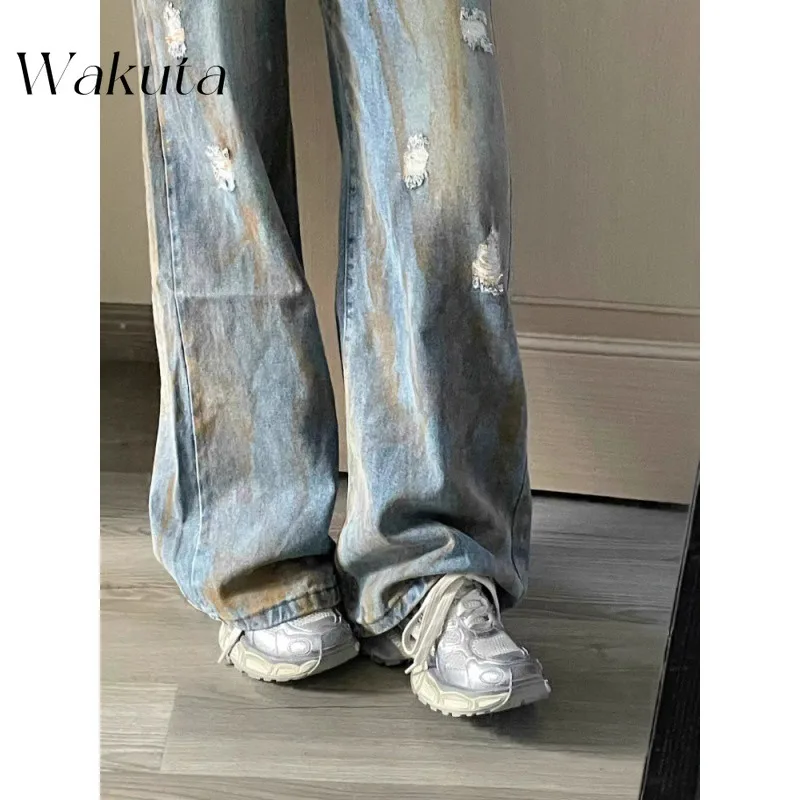 WAKUTA French Vintage Do Old Pockets Fake Zippers Jeans Fashion Unisex Loose Drapey Draggy Pants Street Style Wide Leg Y2K Pants