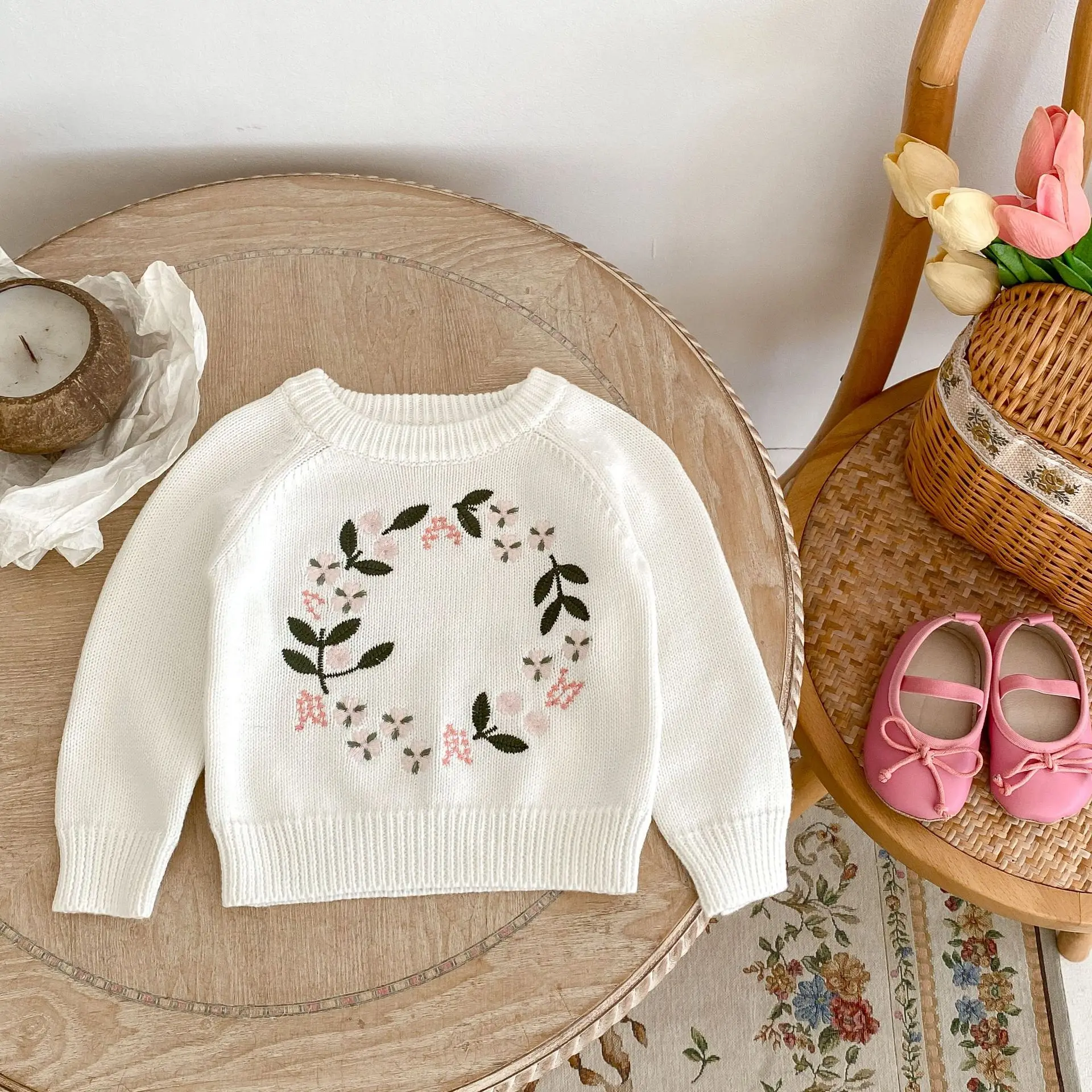 

0-3T Newborn Kid Baby Girl Floral Sweater Winter Clothes Knit Flower Embroidery Pullover Top Cute Sweet Infant Knitwear Outfit