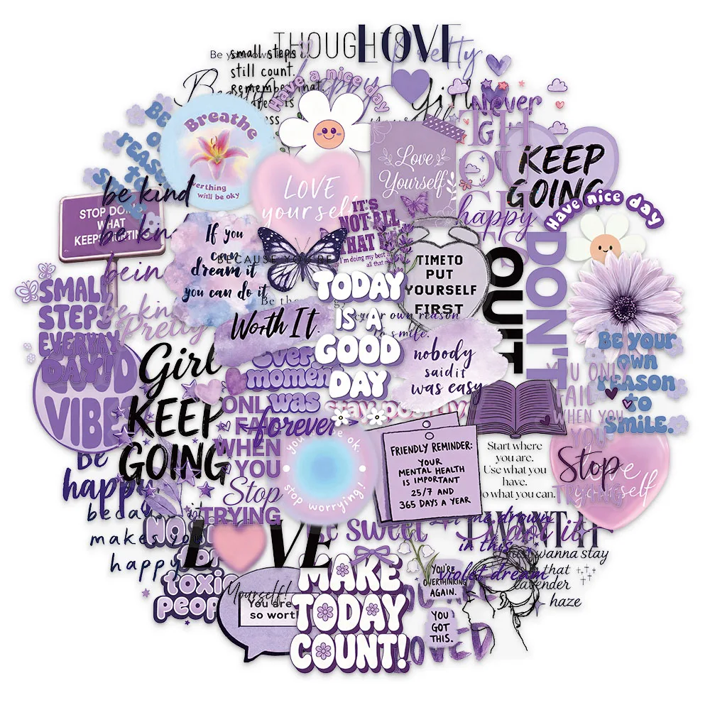 50PCS Purple Motivational Handmade DIY Phone Case Laptop Water Bottle Refrigerator Desktop Label Waterproof Stickers