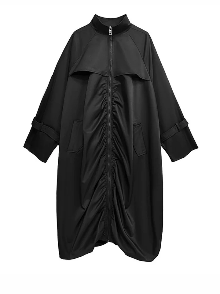 EAM] Women Black Pleated Zipper Big Size Long Trench New Stand