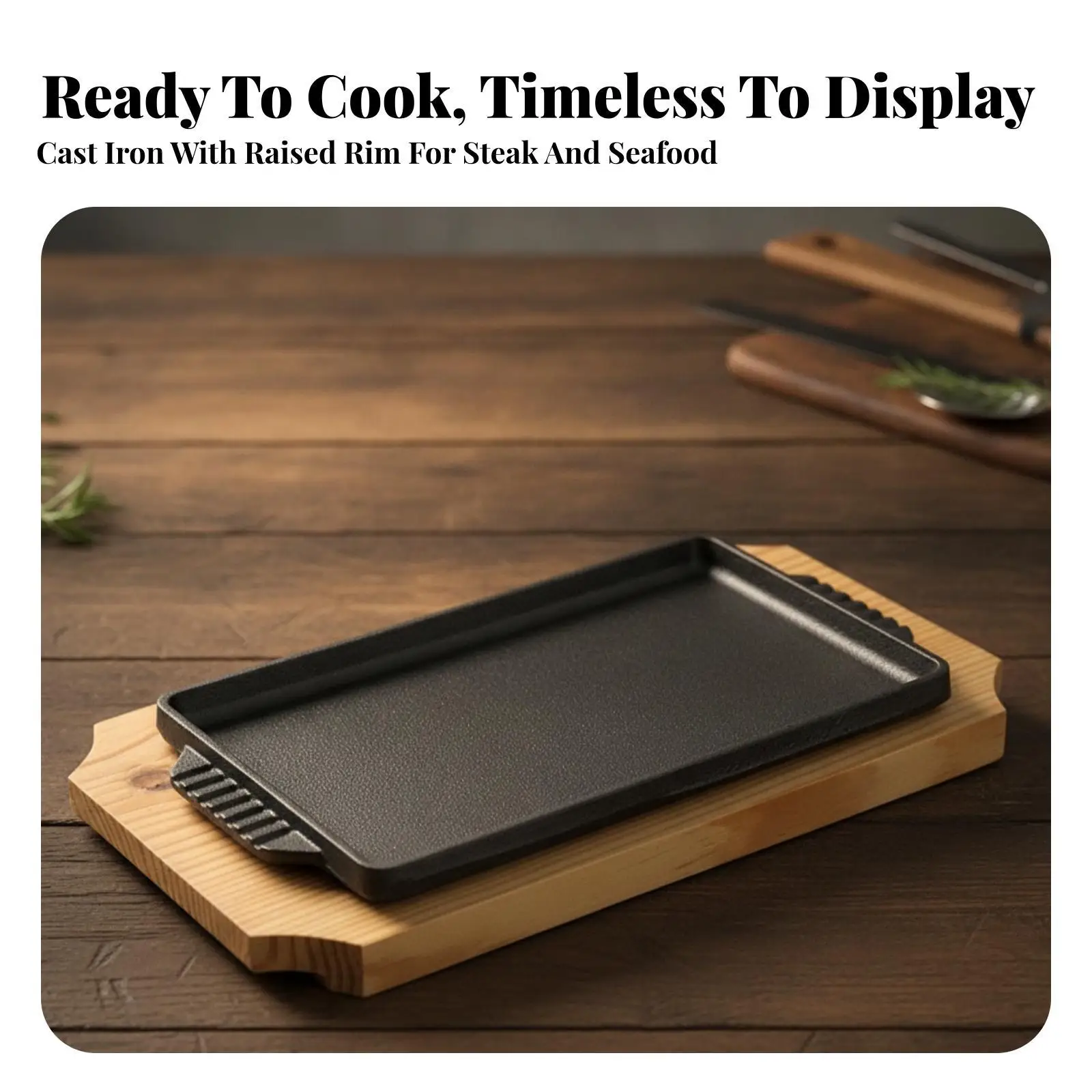 Rectangular Cast Iron Grill Pan with Heat Insulating Wooden Board for Stovetop Sizzling Platter Serving Hot Meals Restaurant