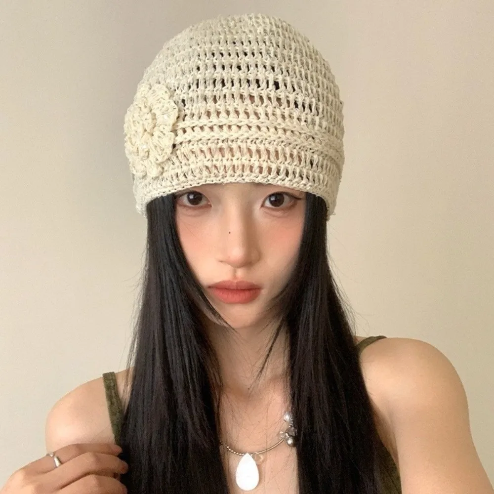 

Y2k Style Flower Knitted Caps Hand-woven Hollow Beanies Cap Solid Color Breathable Sequin Crochet Hat