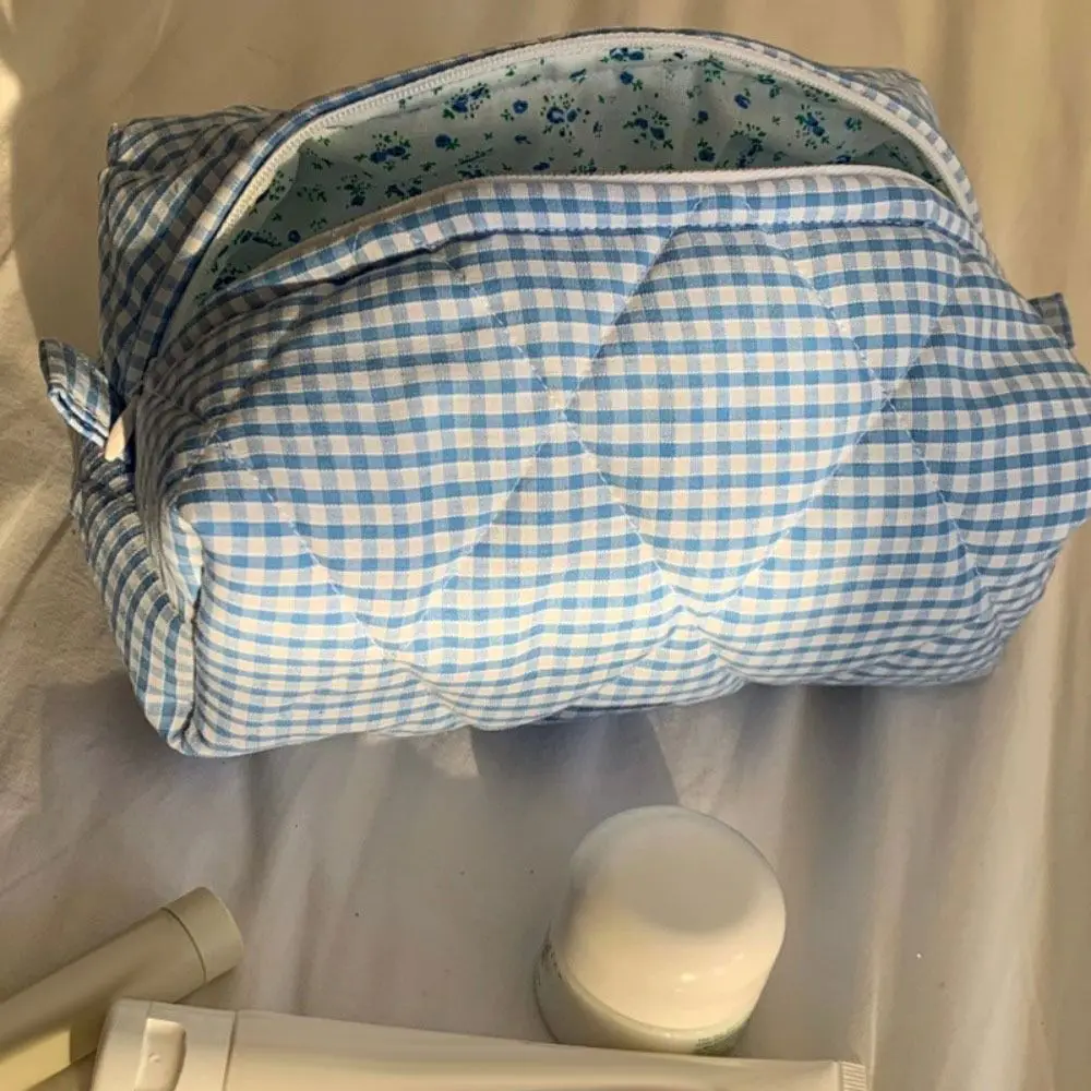 Saco De Maquiagem De Algodão Acolchoado Com Zíper, Saco De Lavagem Quadriculada Portátil, Bolsa De Skincare De Grande Capacidade, Bolsa De Viagem