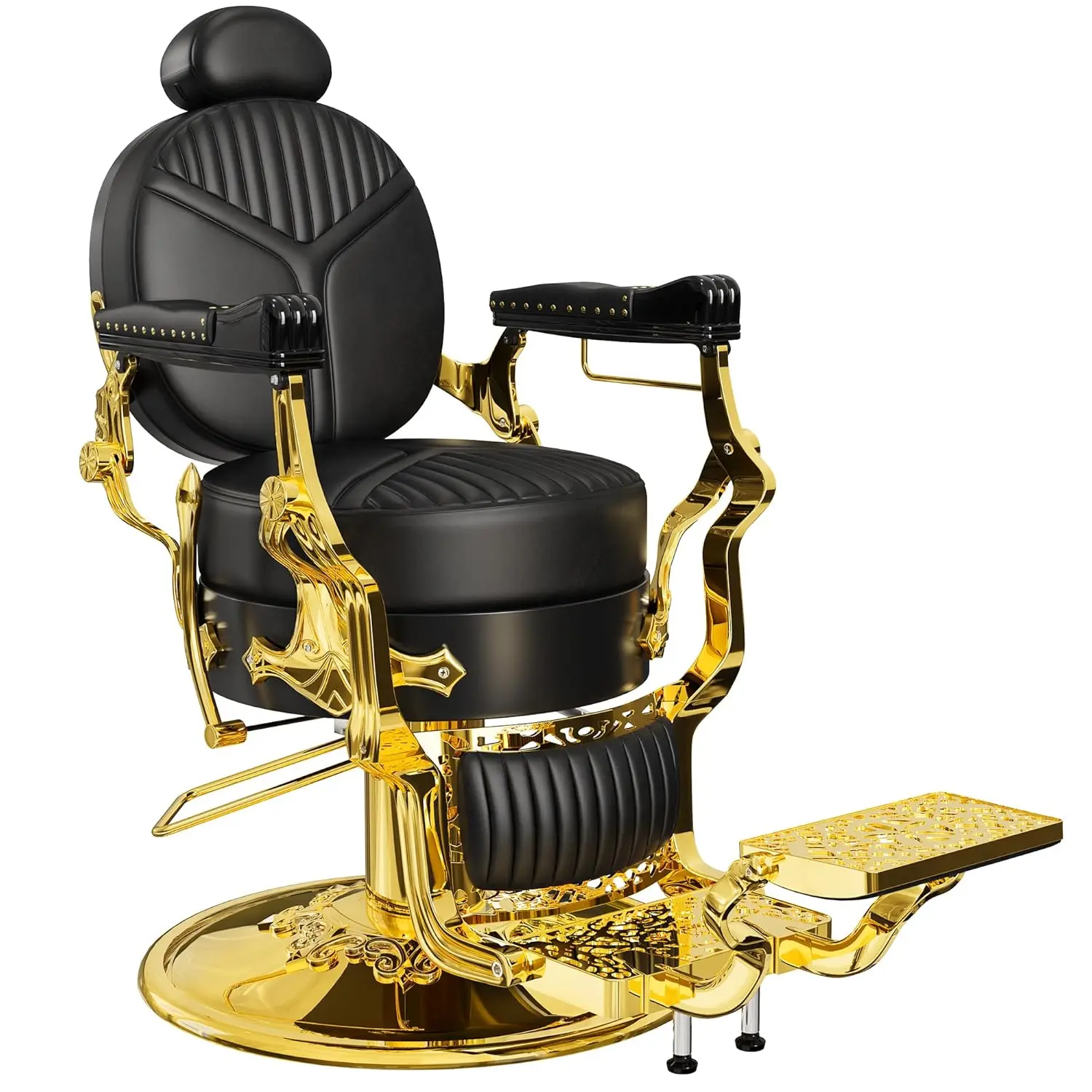 

Elegant Black & Gold Barber Chair, Reclining Salon Chair with Plush Cushion & Adjustable Headrest, Heavy-Duty, Customized