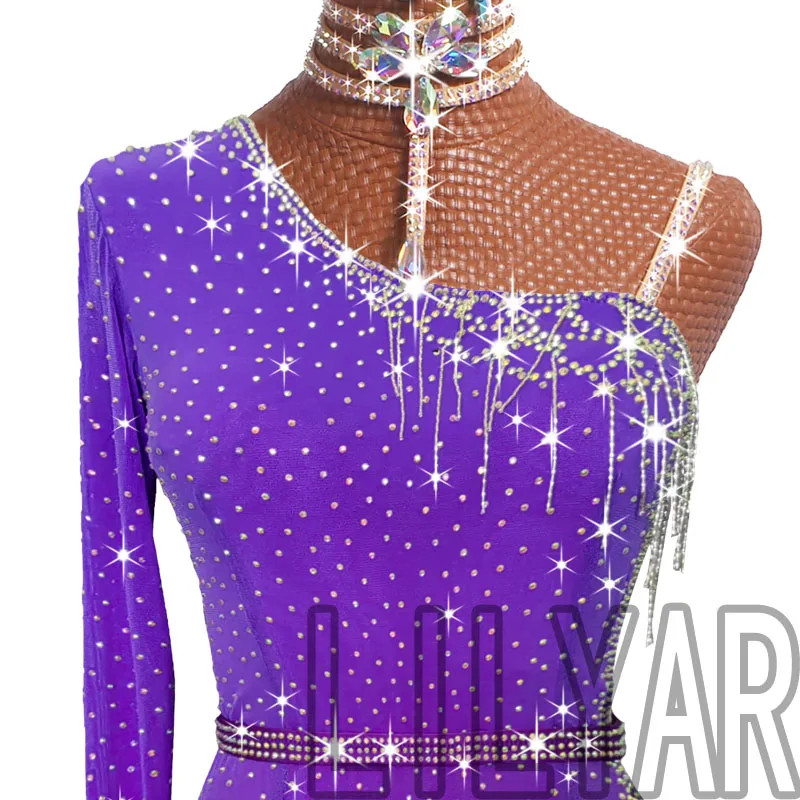 New Latin Dance, Latin Costumes, Competition, Performance Costumes. Purple Slim-Fit Sparkly Diamond Sexy Dance Dress