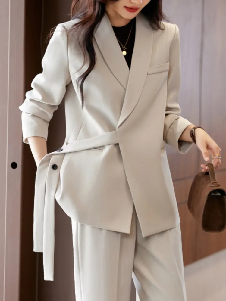 Office Lady Solid Blazer Pantsuits Women Casual Formal Sashes Jackets Coat High Waist Wide Leg Pants Two Pieces Female Outfits