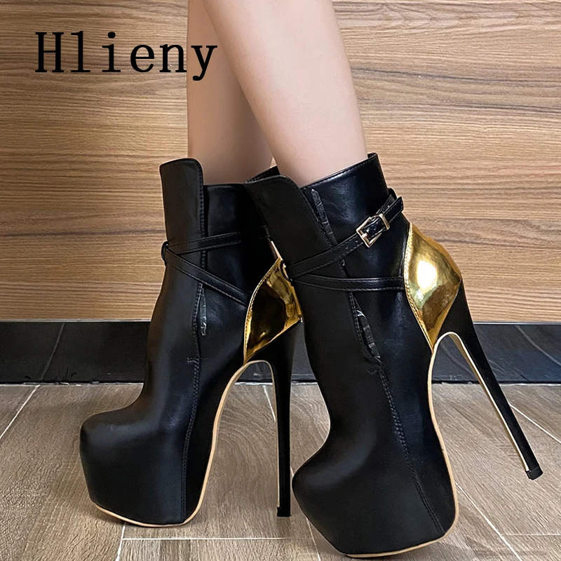 Hlieny Size 35-45 Fashion Extreme Platform Ankle Boots Women Winter Fashion Round Toe Thin High Heels Belt Buckle Woman Shoes