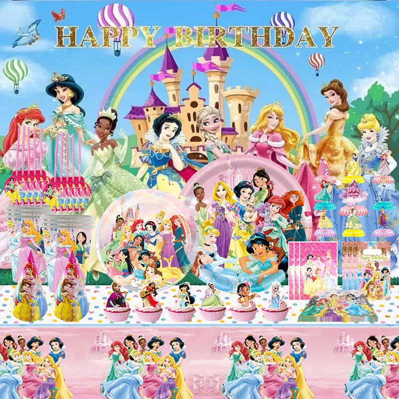 Décoration d'anniversaire Princesse Joyeux Anniversaire Belle Vaisselle de Princesse Gobelets en Papier Assiettes Ballons Nappe Bannière de Fond Fille