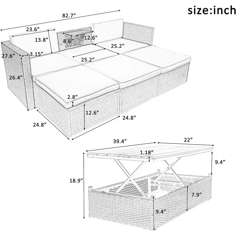 Ensembles de meubles sectionnels en rotin PE avec dossier réglable, canapé de jardin de conversation sur pelouse, extérieur, WUNICEF, 5 pièces