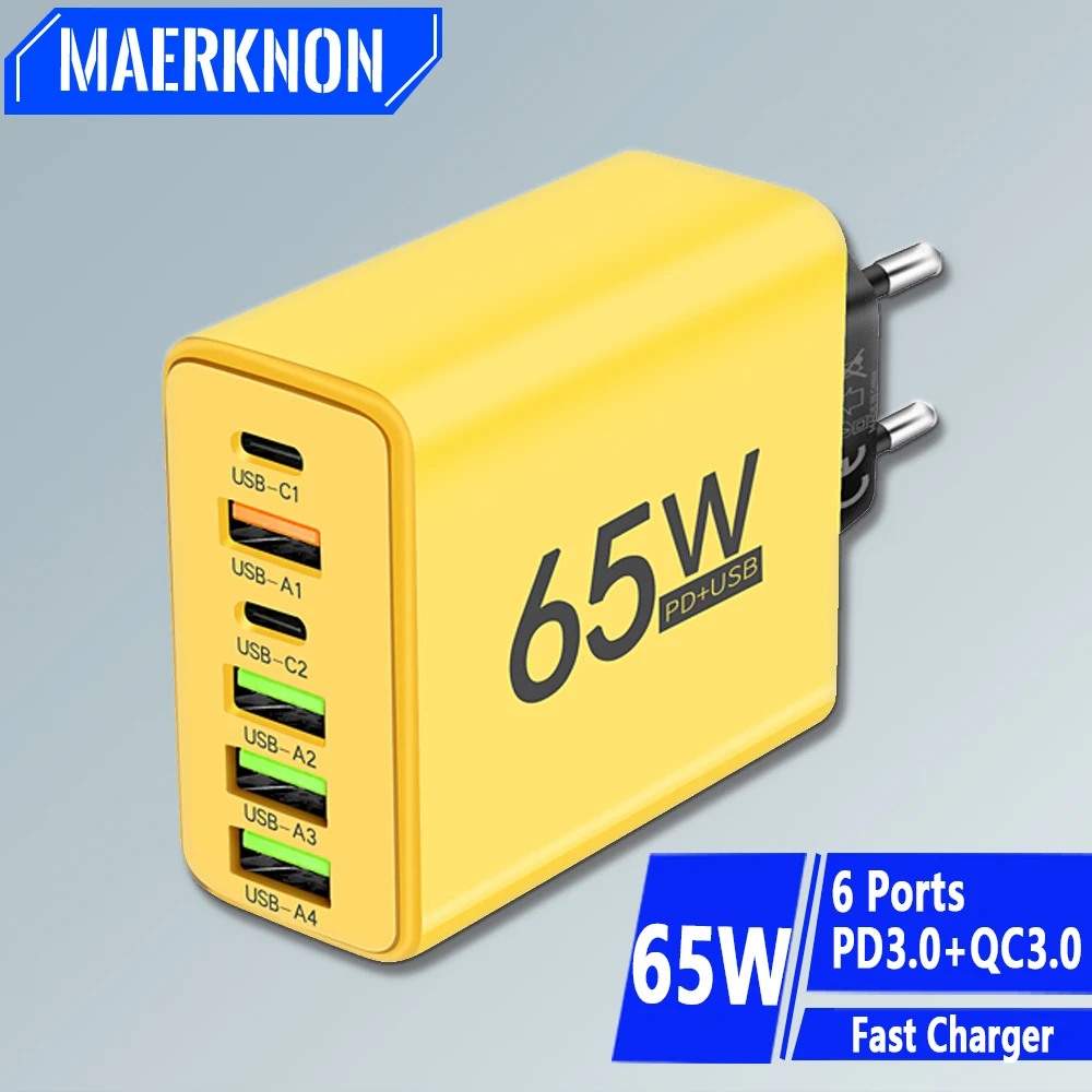

6 Ports USB Type C Charger 65W PD Fast Charging Adapter Quick Charge3.0 For iPhone Samsung Xiaomi Huawei Phone Wall Charger Plug