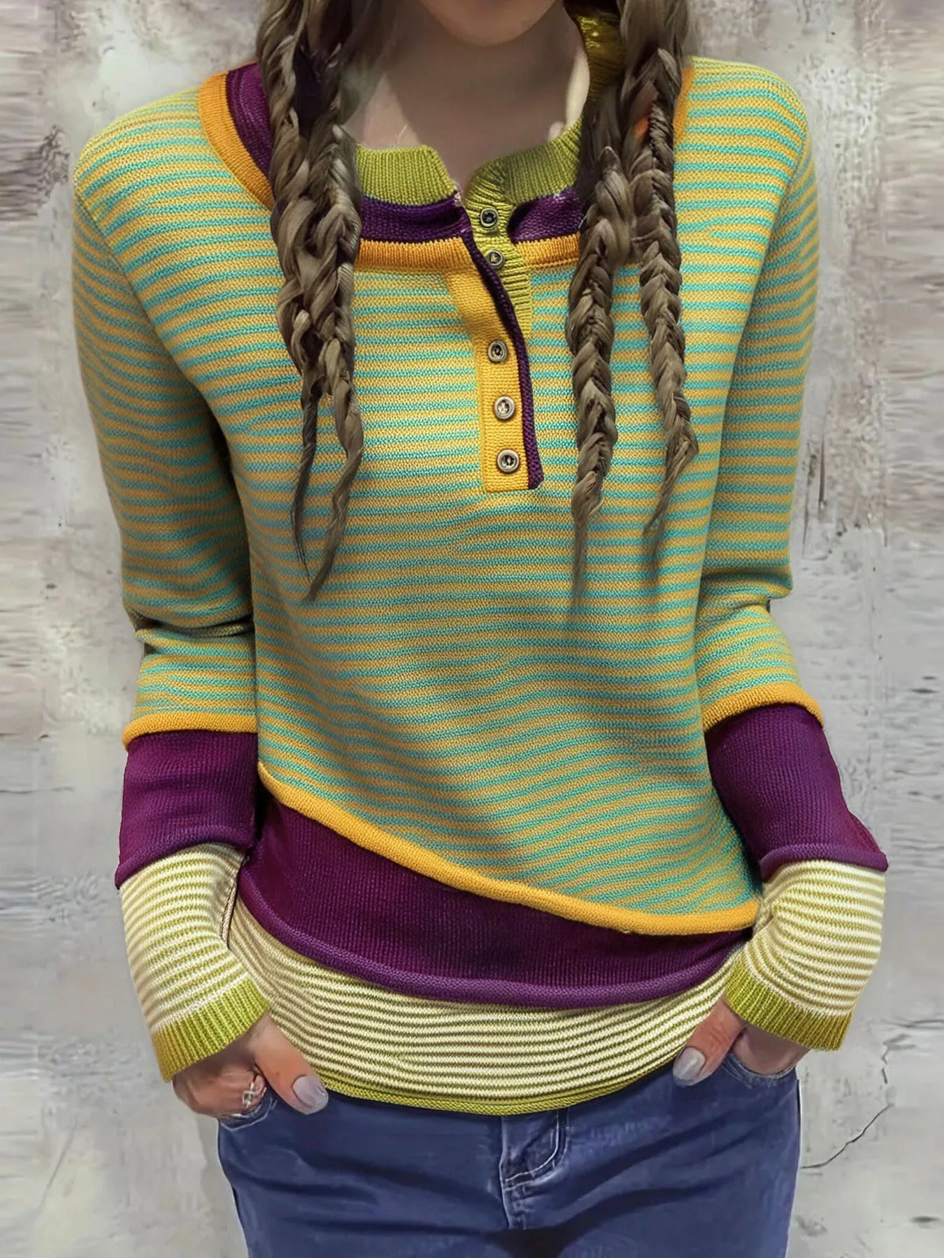 

Women's Clothing - New Elegant Round Neck Striped Contrast Color Autumn/Winter Single Button Casual Sweater Pullover Gift