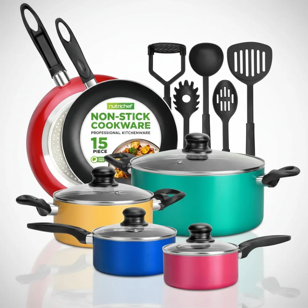 

15-Piece Non-Stick Cookware Set PFOA-Free, Induction Ready with Colorful Heat Resistant Utensils for Home Chefs