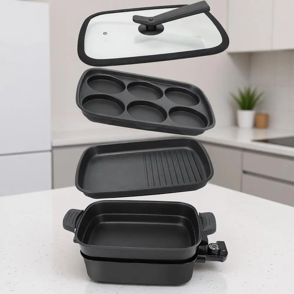 

Multifunctional Electric Grill, Nonstick Skillet with Lids, 1400W Party Griddle & Cooking Meats & Pancake