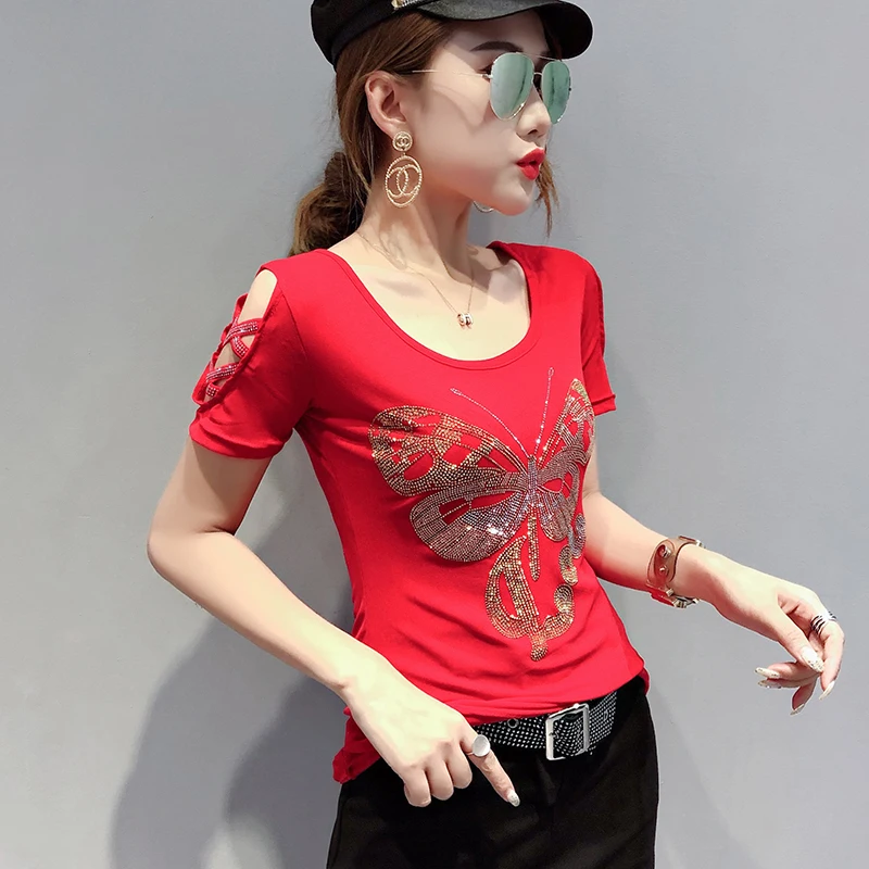 قميص نسائي مثير بكتف مكشوف، قميص أساسي مزين بتصميم أنيق ضيق مع فتحات دائرية