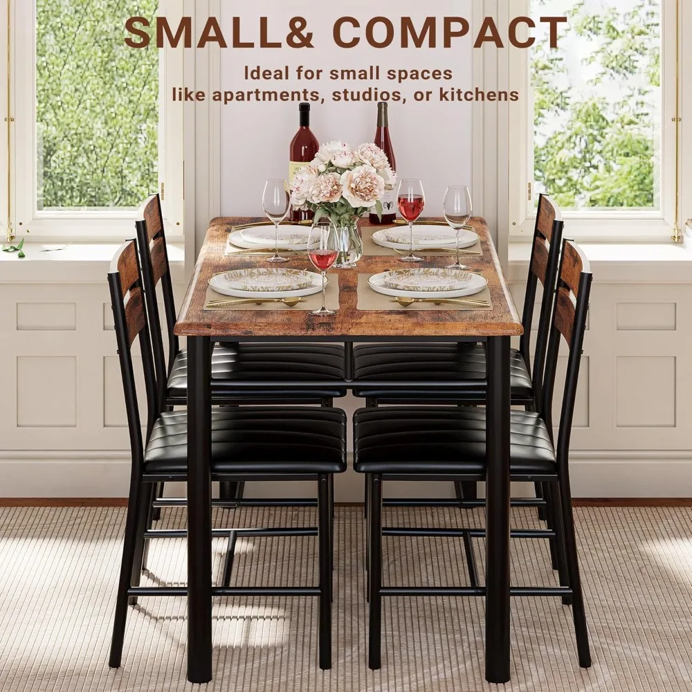 Juego de mesa de comedor para 4, mesa de cocina de madera con sillas tapizadas para cocina y espacios pequeños, marrón rústico