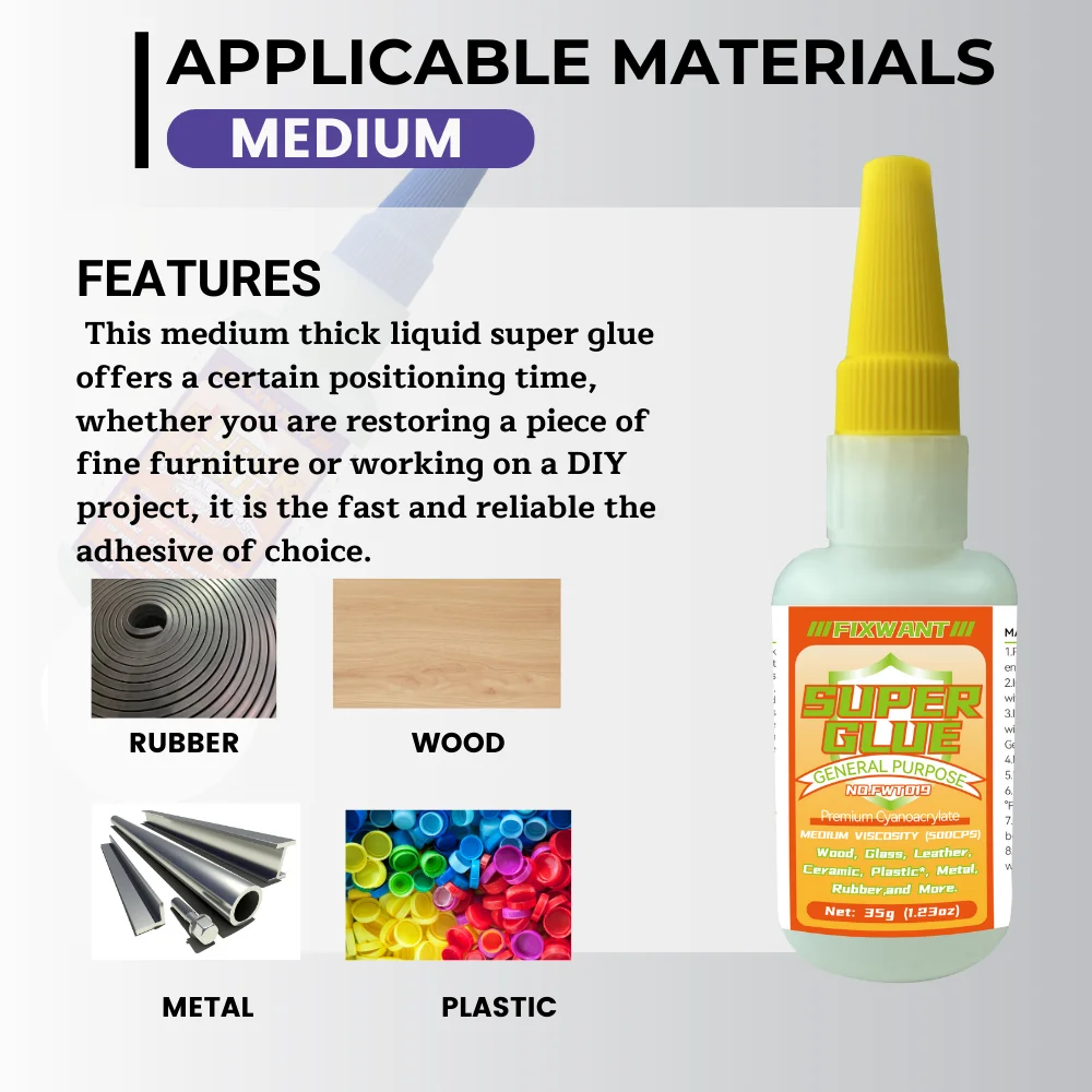 FIXWANT General Purpose Premium Cayanocarylate Adhesive Thin Medium Thick Liquid Super Glue for PVC Wood Metal Plastic and More