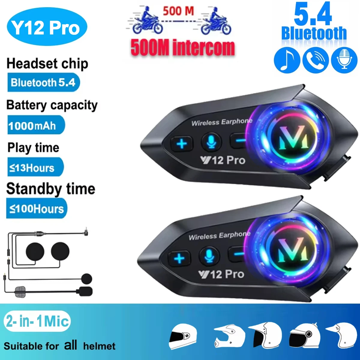 Casque de moto Y20 Pro 1/2x, casque Bluetooth 500M, interphone pour 2 motards, étanche, partage de musique, interphone