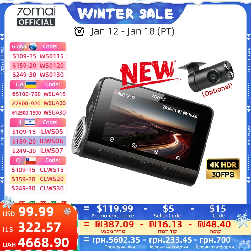 Nuovo 70mai Dash Cam A810S 4K HDR GPS ADAS Registrazione automatica Rilevazione movimento a doppio canale 4G LTE Supporto per auto DVR 70mai A810S 70mai A810