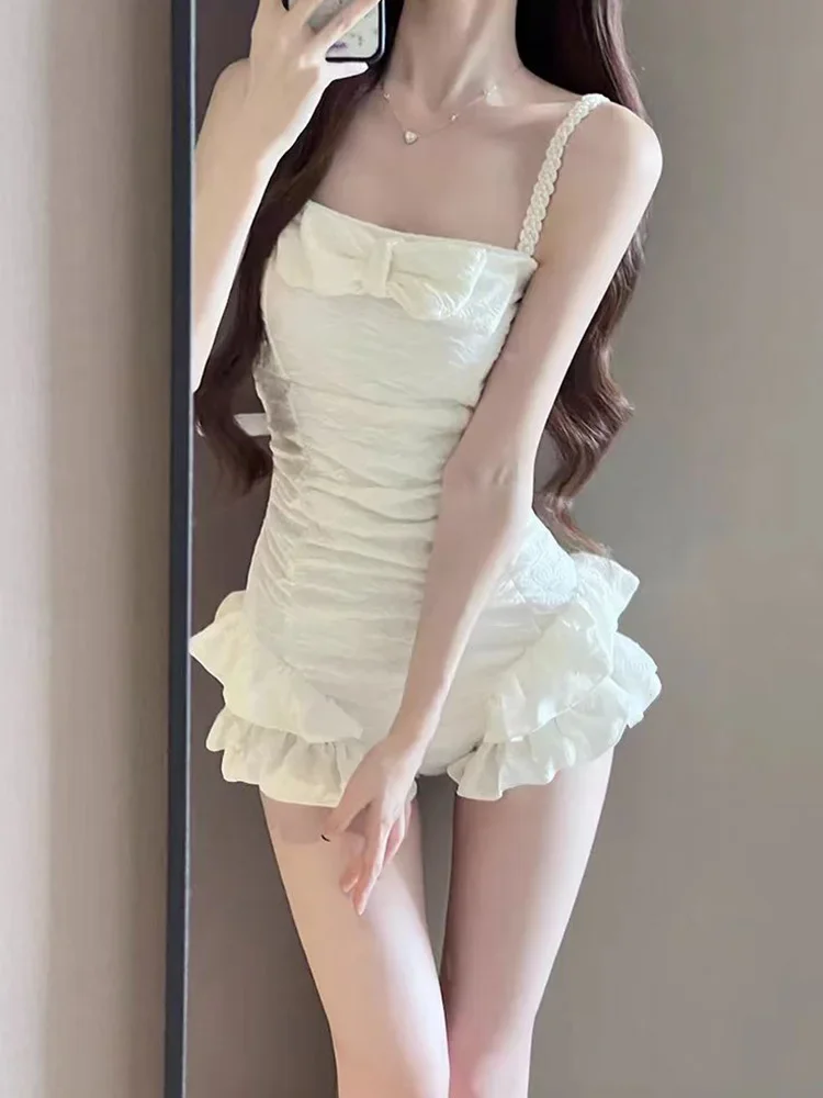 เซ็กซี่แฟชั่นผู้หญิง Bow ชุดว่ายน้ํา One Piece Ruffles Pearl Strapless 2025 ฤดูใบไม้ผลิฤดูร้อนใหม่ Bodysuits บิกินี่ชุดชายหาด