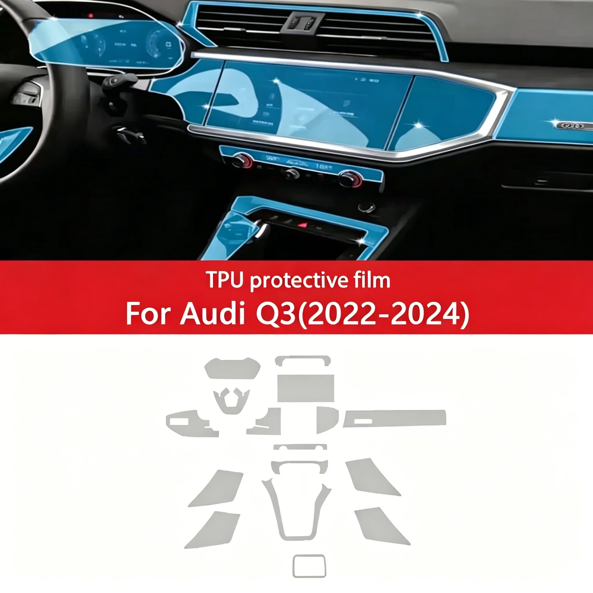 TPU Protection Transparent Film For Audi Q3 2022-2024 Car Interior Center Console Media Dashboard Navigation Anti-scratch