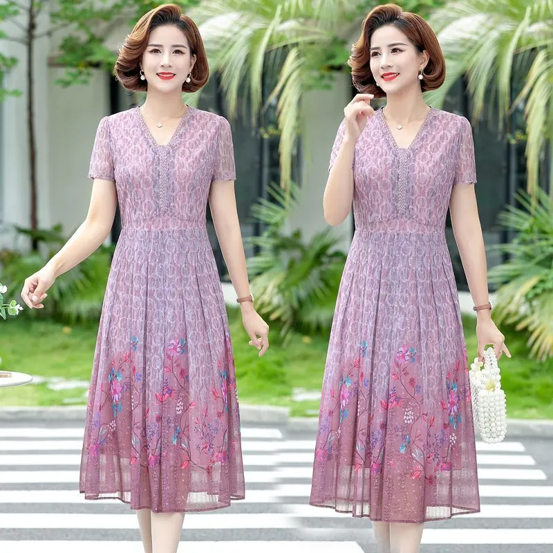 Elegant Floral Print Office Lady Dress Summer V neck Long Dress Short Sleeve Women Party Dresses