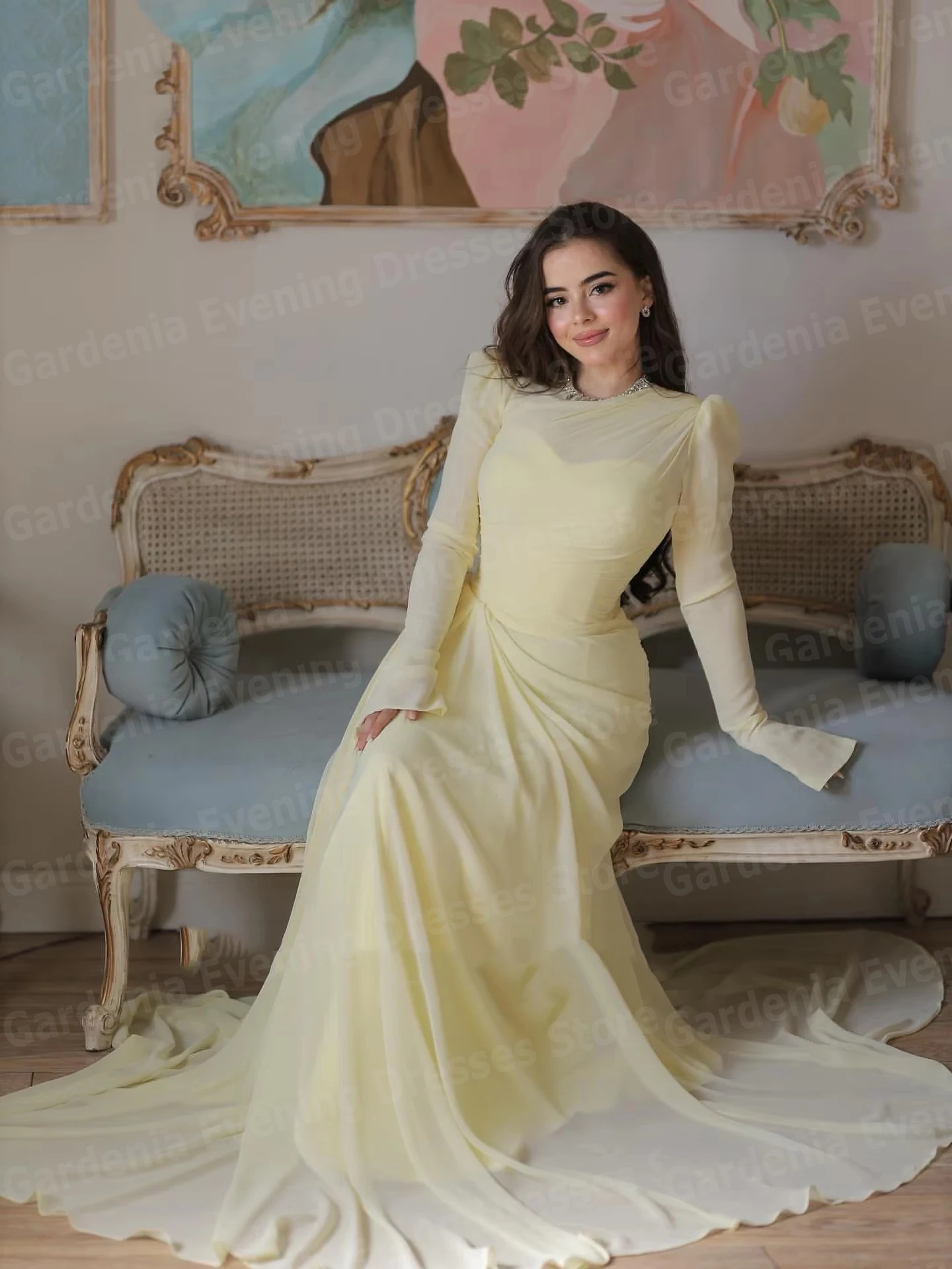 우아한 인어 여성 이브닝 드레스 긴 소매 댄스 파티 드레스 맞춤형 O 넥 Pleated Party Vestidos De Fiesta Elegantes