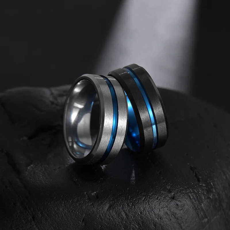 Fashion 8mm Stainless Steel Black Blue Line Ring For Men Steel Colorful Rings Boy Women Jewelry Gift кольца anillos