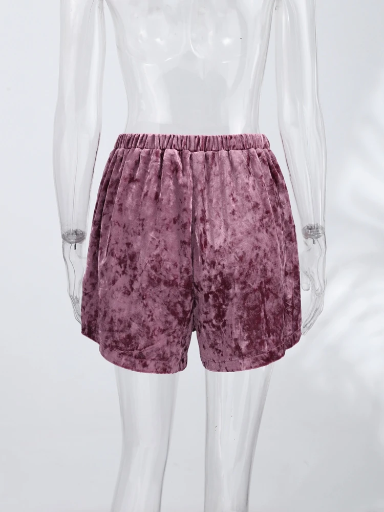 Women's Shorts Velvet Patchwork Lace See Hollow Out Irregular Hem Loose Shorts Charming Female Elastic High Waist Loungewear New