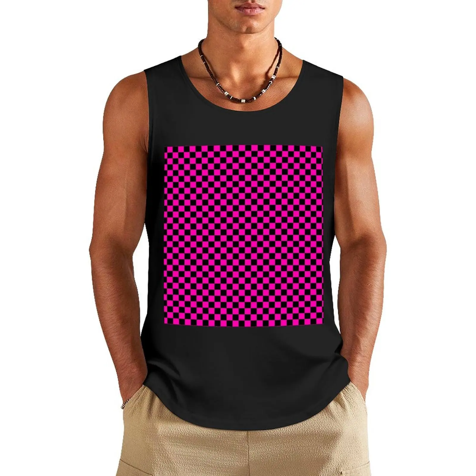 

Bright Hot Neon Pink and Black Racing Car Check Tank Top gym for men Vests Working vest summer clothes
