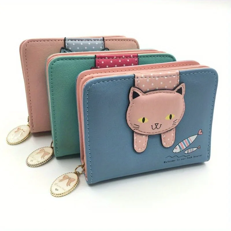 

1pc Women's Wallet Short Card Bag Cute Zipper Cartoon Cat Eating Fish Print Student Wallet