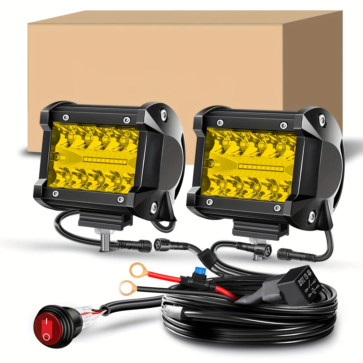 

2PC 4Inch Yellow Led Pods Triple Row Driving Lights，with 16AWG Switch Wiring Harness Kit-2 Leads for Offroad Pickup Trucks ATV