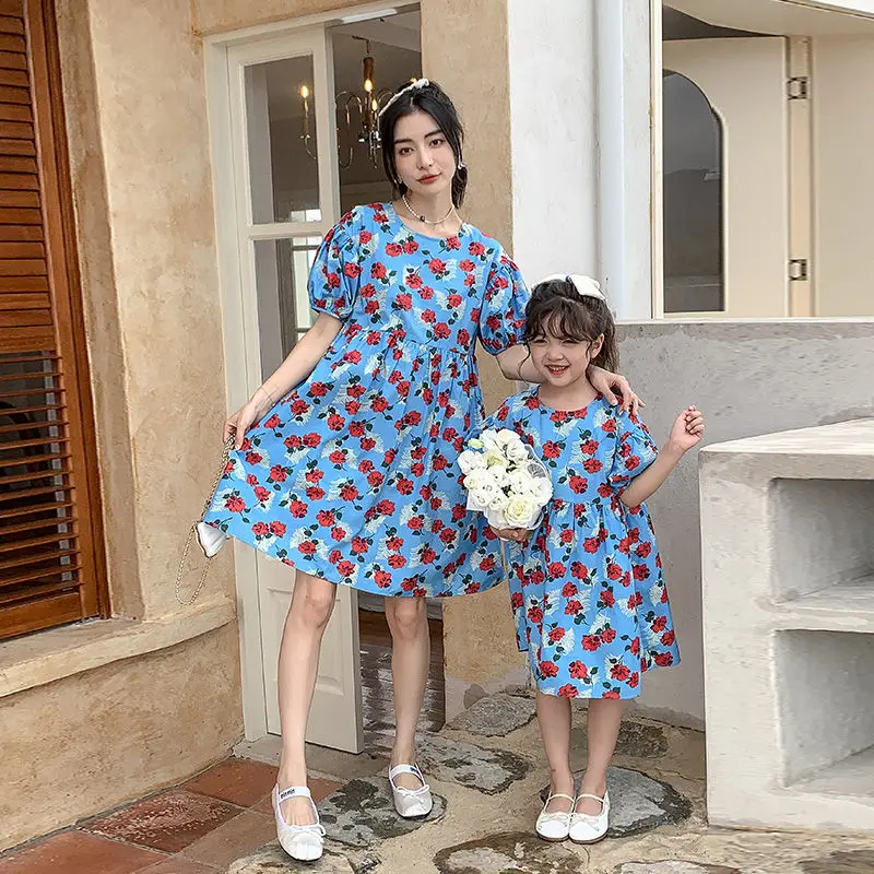 

Mother Daughter Matching Dresses Women Baby Girl Summer Clothing 2023 New Mommy and Me Clothes Parent-child Cotton Floral Dress