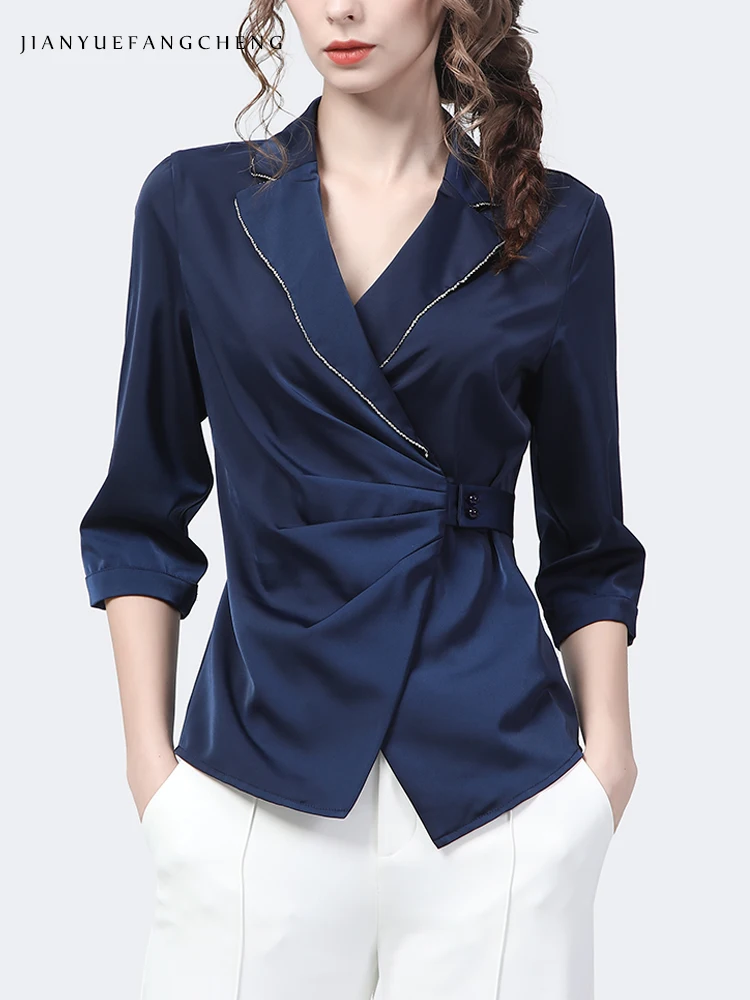 Fashion Suit Collar Women Spring Summer Blue Satin Shirt Outwear Elegant Slim Crossed V-neck Casual Working Ladies Tops