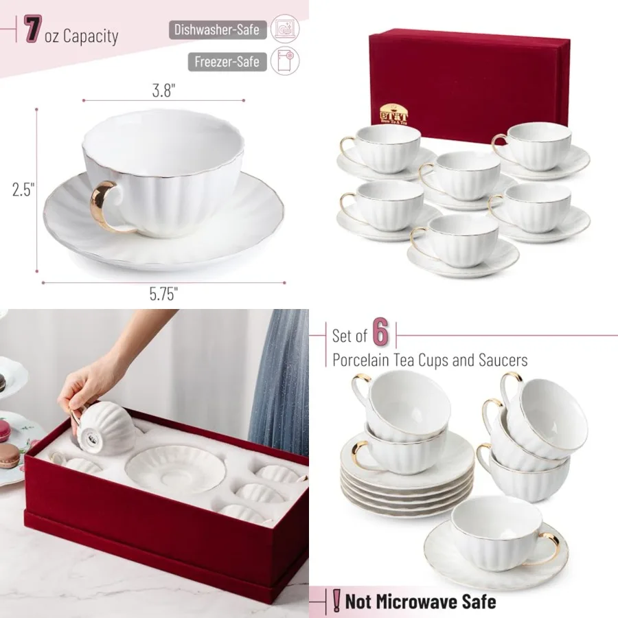 

BTaT- Cappuccino Cups with Saucers 7 oz with Gift Box,,White Porcelain Cfee Cup and Saucer for Latte with Golden Trim Design, D