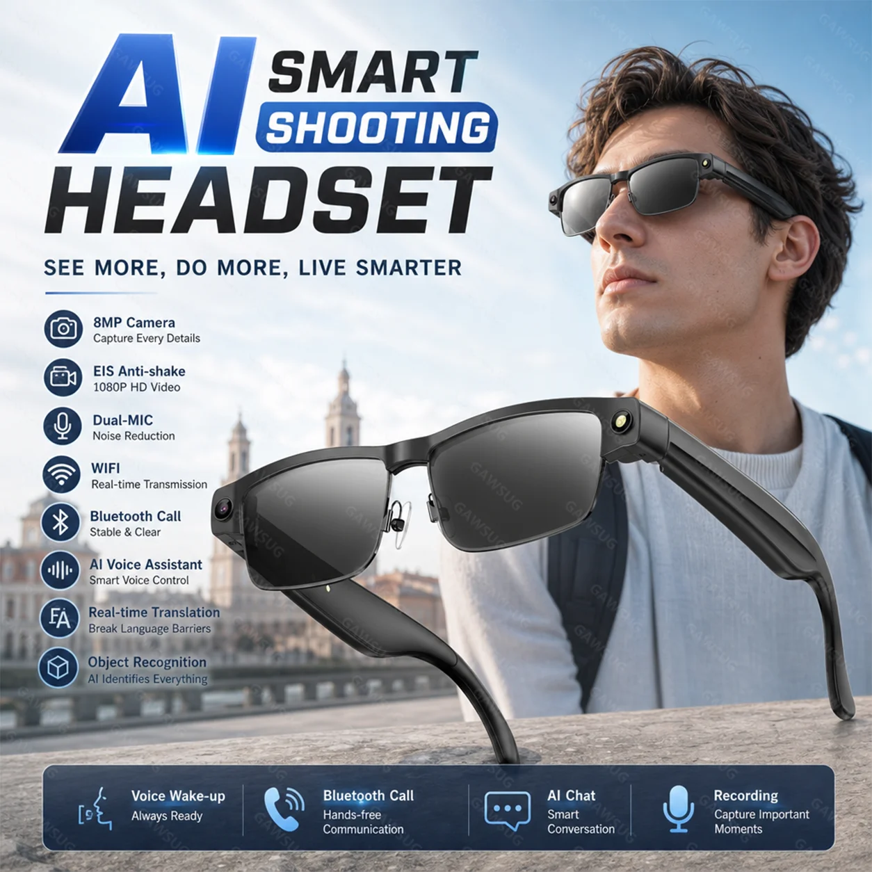 AI Smart Camera Glasses 1080P Anti-Shake 164 Translation Object Recognition WiFi Video Wear Detection Bluetooth Audio Eyewear