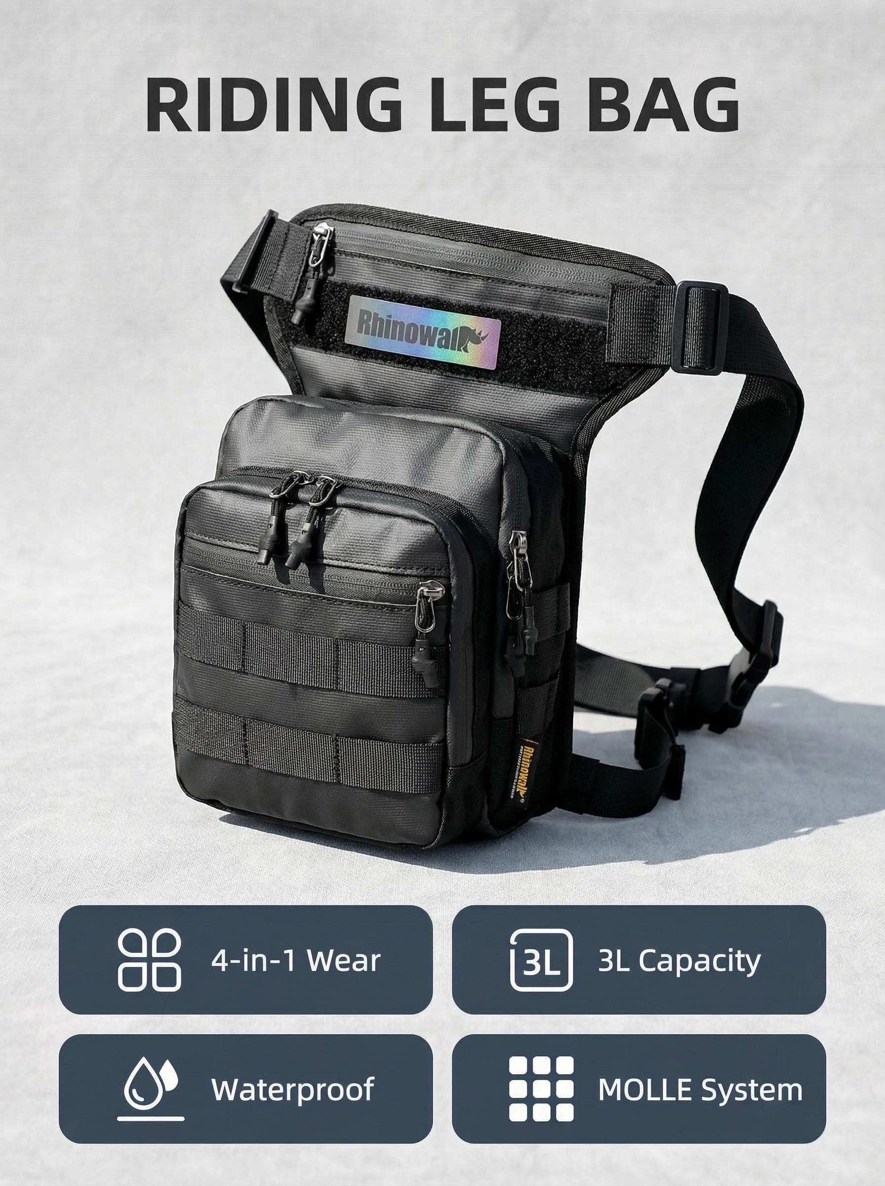 Rhinowalk Motorcycle Leg Bag 3L Water Resistant  Multi Functional Riding Waist Shoulder Bag MOLLE Tactical Storage Breathable