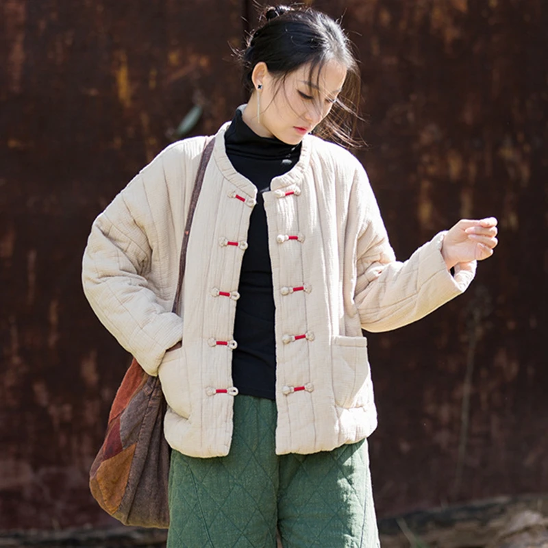 Chinese Style Women Thick Warm Quilted Coats New Arrival 2025 Winter Vintage Solid Color Female Cotton Linen Jackets M2098