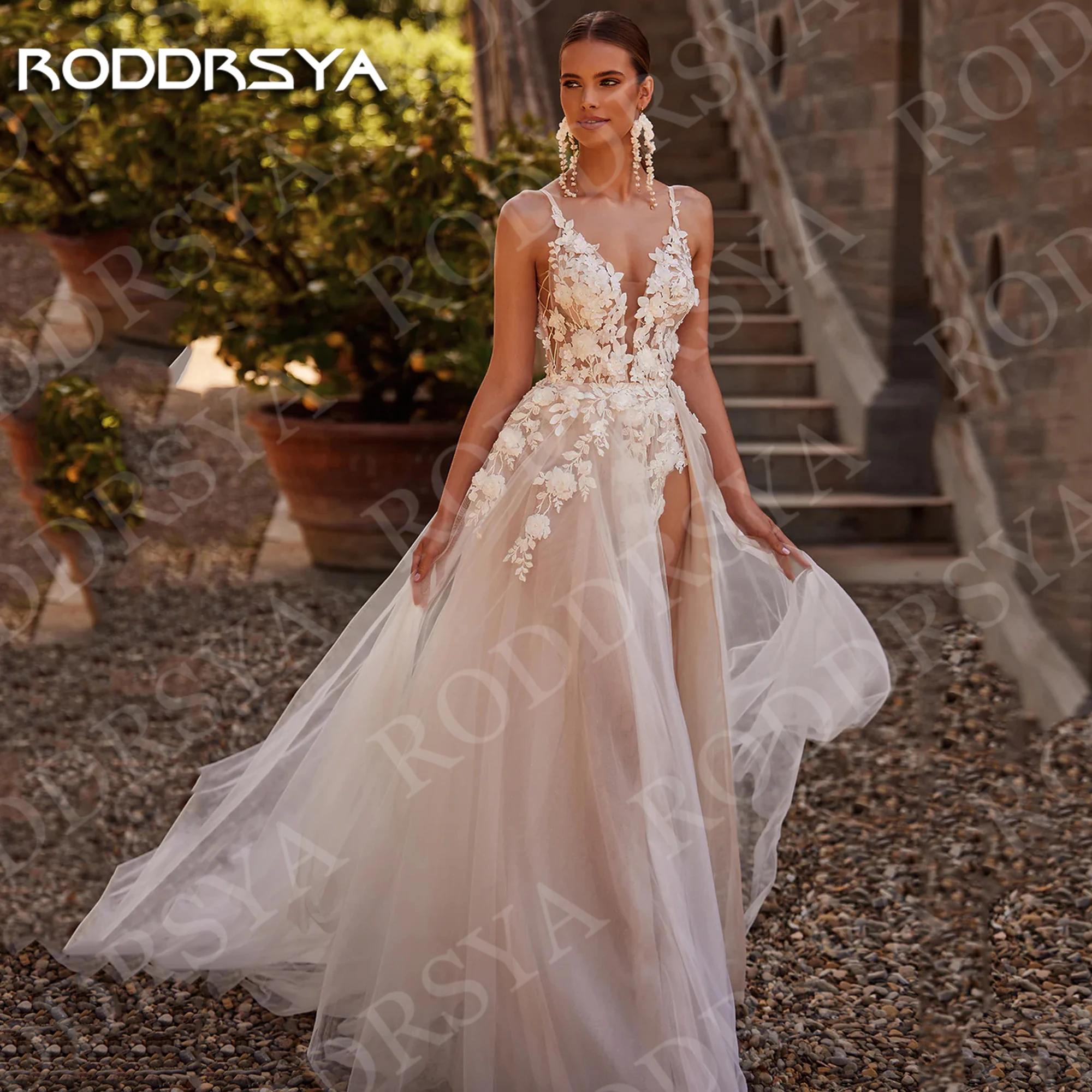 

RODDRSYA Boho Chic Wedding Dresses robe de mariée Elegant Floral Applique Deep V Neck Open Back Beach Bride Gown 2025 Customized