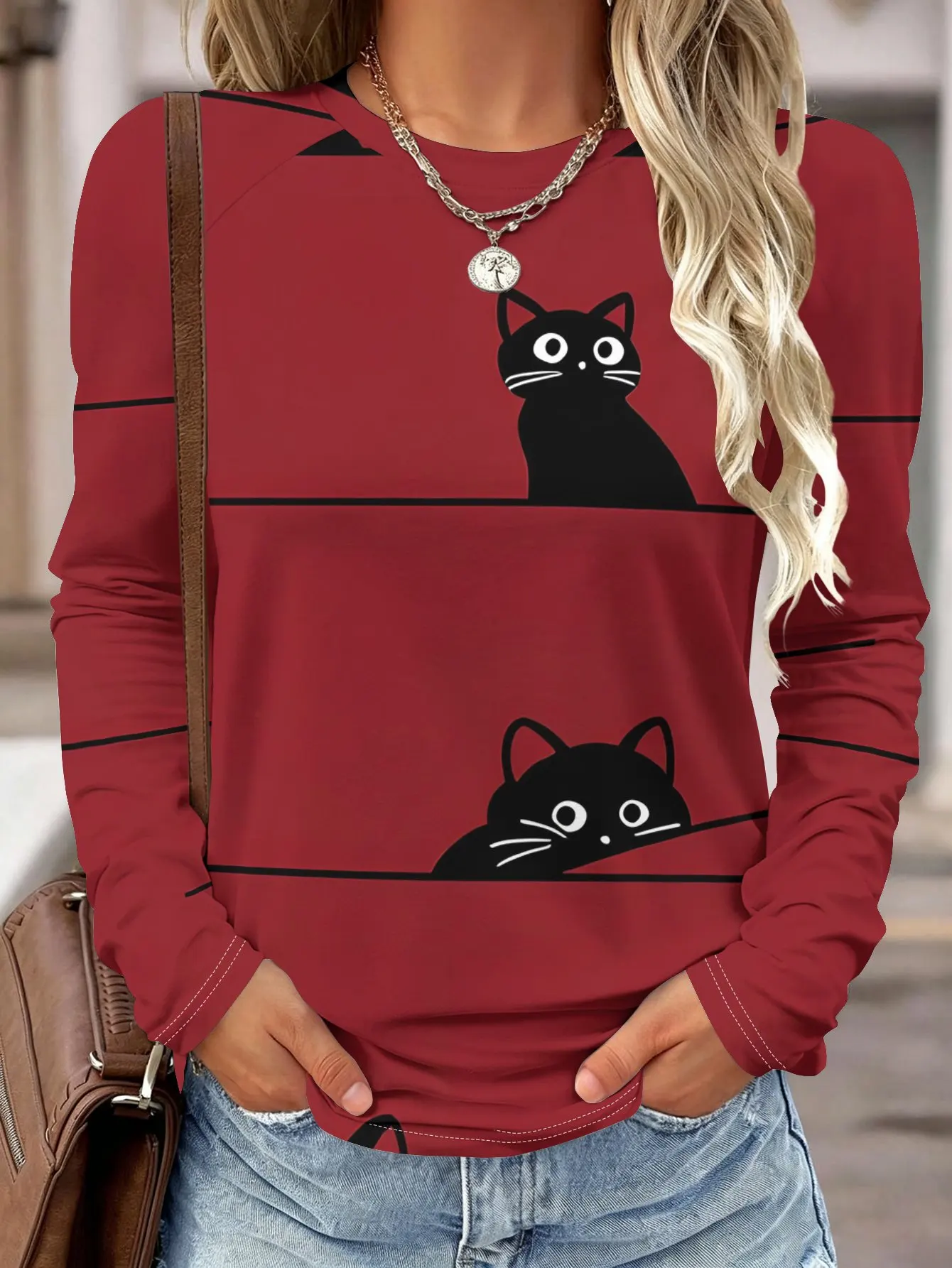 Women Long Sleeve Shirt Pocket Cat 3D Effect Print Round Neck Raglan Casual Fall Tops Women's Clothes view 4