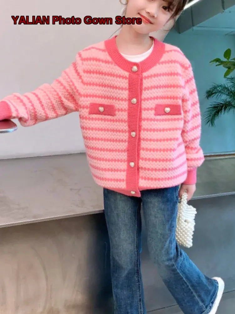 Girls Autumn Clothing 2026 Fashionable Spring Autumn Striped Knit Top Cardigan Kids