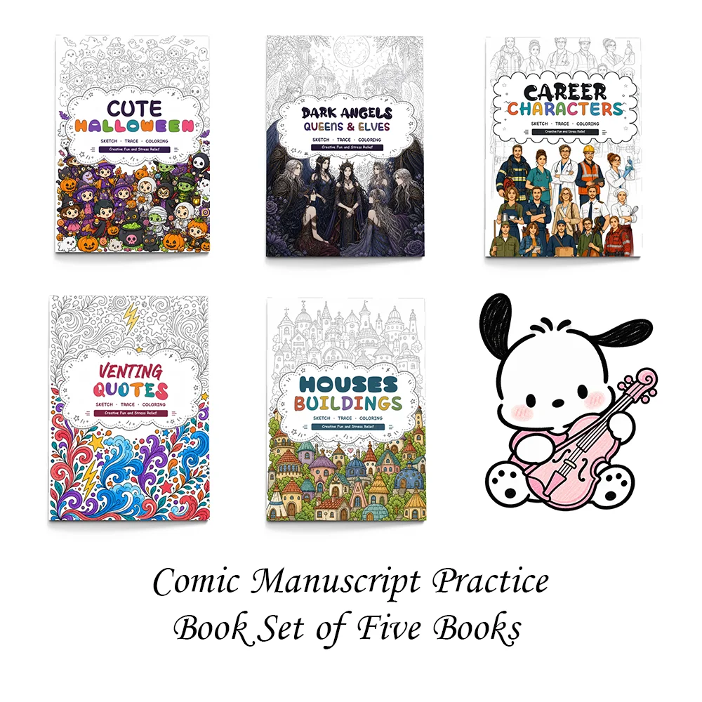 Manga Line Art Practice Book, 5 Themes of Role Play Halloween Queen Elf, Line Drawing Tracing & Coloring Book