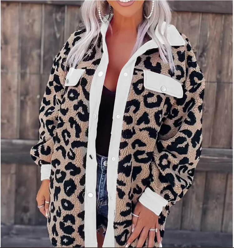 Women's Coat Leopard Print Color Blocked Button Pocket Long Sleeved Lapel Cardigan Jacket 2024 Autumn