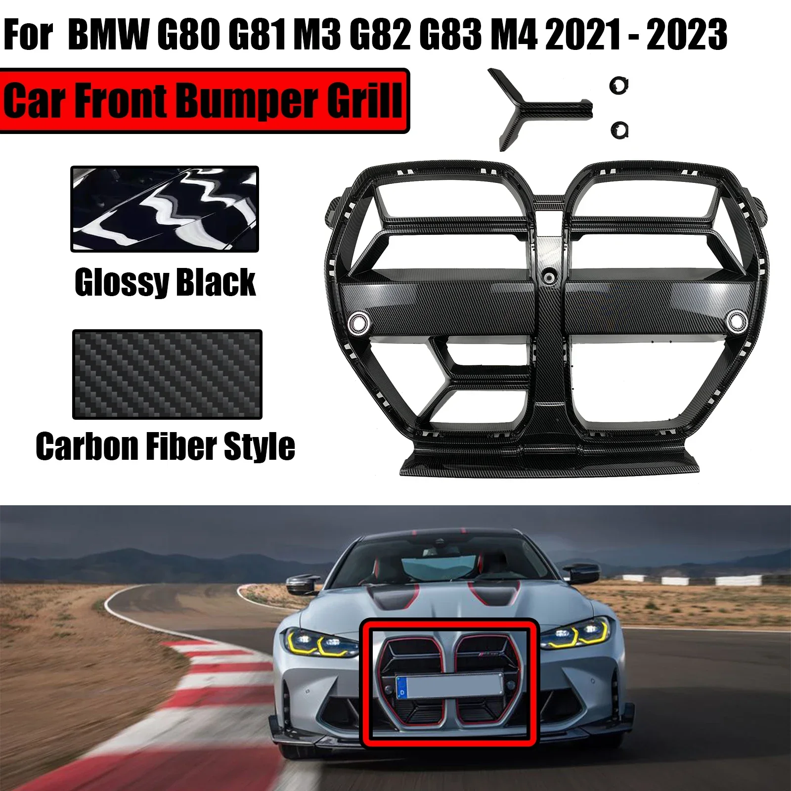 

2021-2023 For BMW G80 G81 M3 G82 M4 G83 Car Front Bumper Grilles Carbon Fiber Style Grill Glossy Black Hood ACC Body Kit