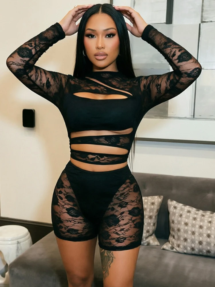 Kricesseen​ Women Black Sheer Lace 2 Piece Set Cutout Long Sleeve Crop Top And Biker Shorts Set Clubwear Party Matching Sets