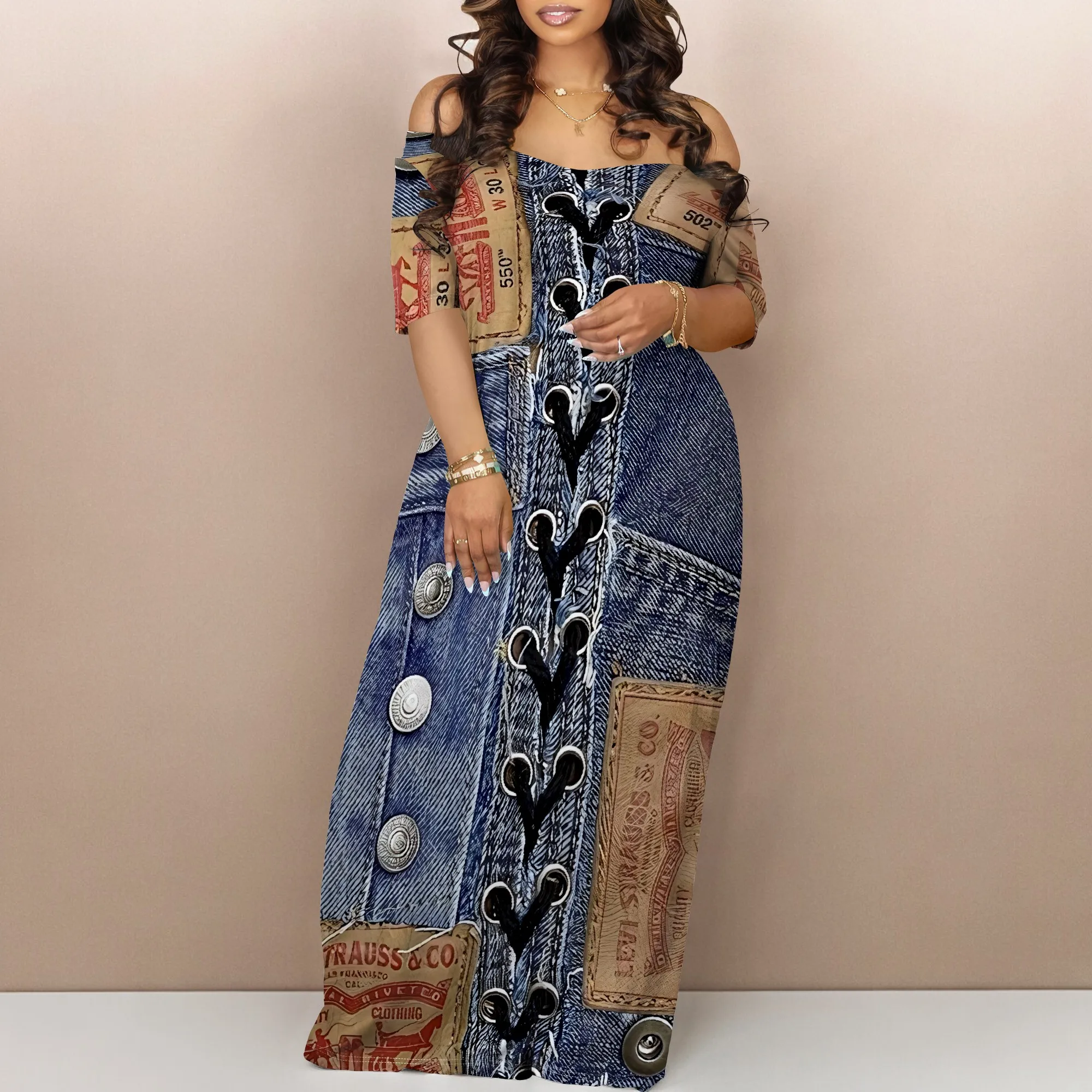 

Vacation Style Off Shoulder Maxi Dress with Pockets Women Short Sleeve Floral Print