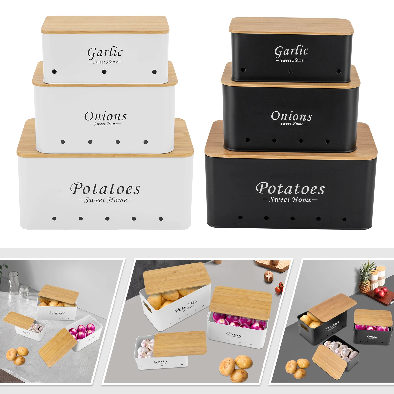 3-teiliges modernes rechteckiges Aufbewahrungsbox-Set mit Hohlgriffen in Schwarz/Weiß für Zwiebeln, Kartoffeln, Knoblauch, Organizer-Behälter – Detail 7