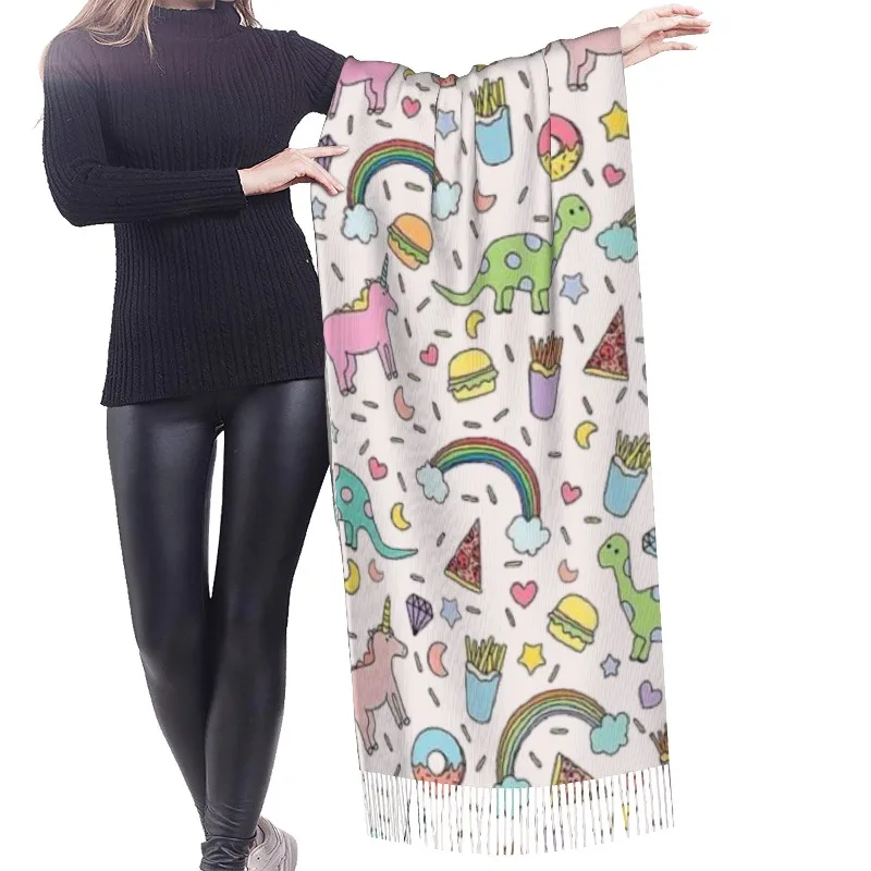 Cartoon animals, small dinosaurs Winter Cashmere Scarf Women Luxury Print Female Shawl Wrap Scarves Lady Thick Warm Blanket Gift