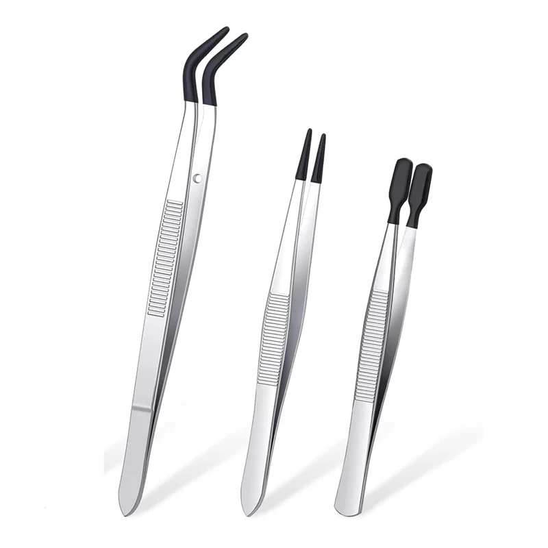 3 Pieces Tweezers with Rubber Tips Tweezers PVC Coated Tweezers Set, Rubber Straight and Flat Tip Tweezers Black