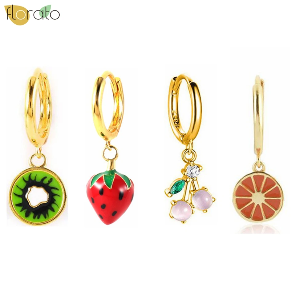 

925 Sterling Silver Ear Needle Small Fresh Sweet Hoop Earrings Fruit Colorful Design Exquisite Earrings for Women Jewelry Patty