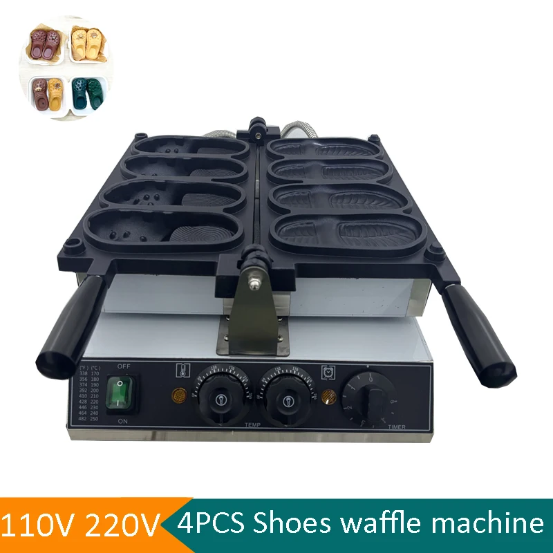 

Commercial New Shoes Shape Waffle Baking Machine Hot Sale Non-sticking Coating 4pcs Hole Slipper Shape Waffle Making Machine